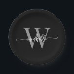 Modern Black Grey Custom Monogram Name Script Paper Plate<br><div class="desc">Girly Modern Simple Elegant Black and Grey Monogram Initial Name Signature Script Custom Personalised Paper Plates. This design featuring your first name in a pretty hand lettered style swash tail font typography (or calligraphy) with monogram initial in grey and white on black. These are easy to customise it. Great for...</div>