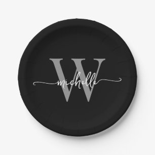 Modern Black Grey Custom Monogram Name Script Paper Plate