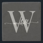 Modern Black Grey Custom Monogram Name Script Stone Coaster<br><div class="desc">Girly Modern Elegant Black and Grey Monogram Initial Name Signature Script Custom Personalised Stone Coaster. This design featuring your first name in a pretty hand lettered style swash tail font typography (or calligraphy) with monogram initial in grey and white on black. These are easy to customise it. Great stylish feminine...</div>