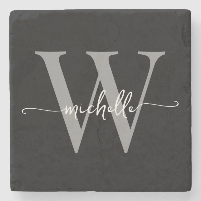 Modern Black Grey Custom Monogram Name Script Stone Coaster (Front)