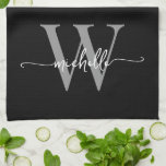 Modern Black Grey Custom Monogram Name Script Tea Towel<br><div class="desc">Girly Modern Elegant Black and Grey Monogram Initial Name Signature Script Custom Personalised Kitchen Towel. This design featuring your first name in a pretty hand lettered style swash tail font typography (or calligraphy) with monogram initial in grey and white on black. These are easy to customise it. Great stylish feminine...</div>