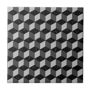 Modern Black Grey Geometric 3D Cube Pattern Tile