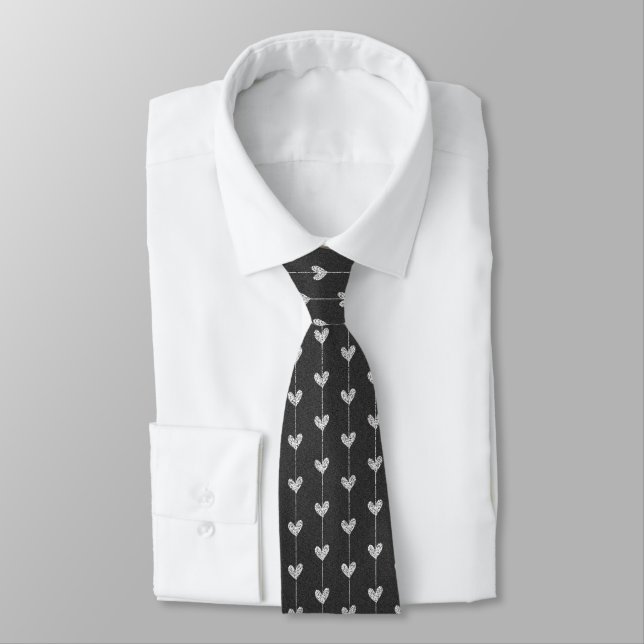 Modern Black & Grey Glitter Heart String Pattern Tie (Tied)
