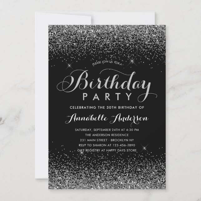 Modern Black Grey Glitter Sparkle Any Age Birthday Invitation (Front)