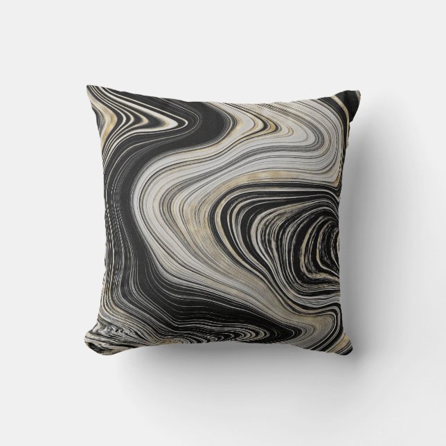 Modern Black Grey & Gold Agate Gemstone Cushion (Front)