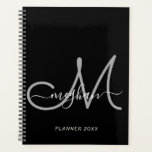 Modern Black Grey Handwritten Script Monogram 2022<br><div class="desc">Modern, trendy girly black and grey script custom personalised name and monogrammed planner. This simple elegant design features white first name template in cursive hand lettering font with swashes in white and a huge hand-written monogram initial script in grey colour on black background. This feminine, pretty notebook is a perfect...</div>