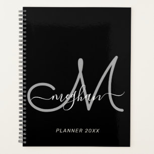 Modern Black Grey Handwritten Script Monogram 2022 Planner