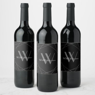 Modern Black Grey Monogram Name Script Geometric Wine Label