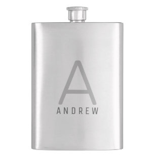 Modern Black Grey Monogram Personalised Hip Flask