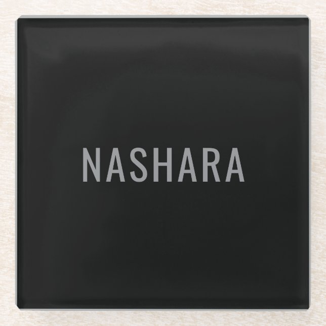 Modern Black Grey Personalised Name Glass Design Coaster (Front)