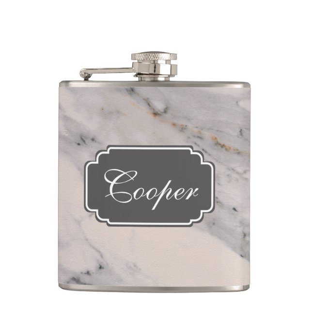 Modern black grey pink marble pattern  hip flask (Front)