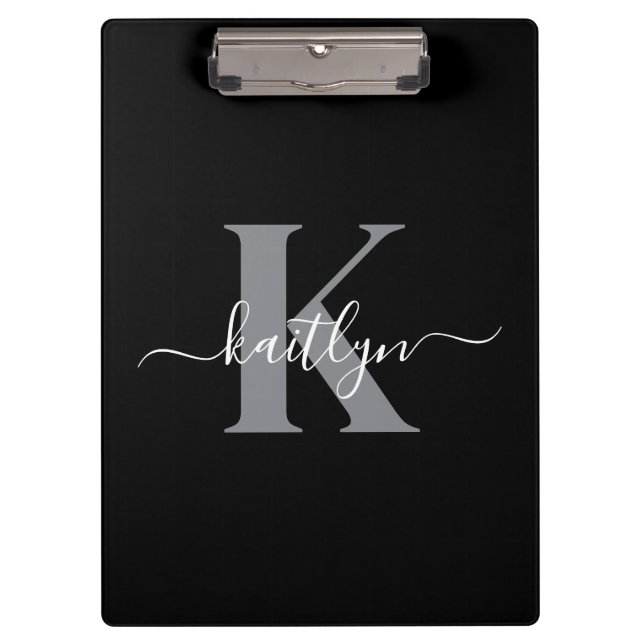 Modern Black Grey Script Monogram Clipboard (Front)
