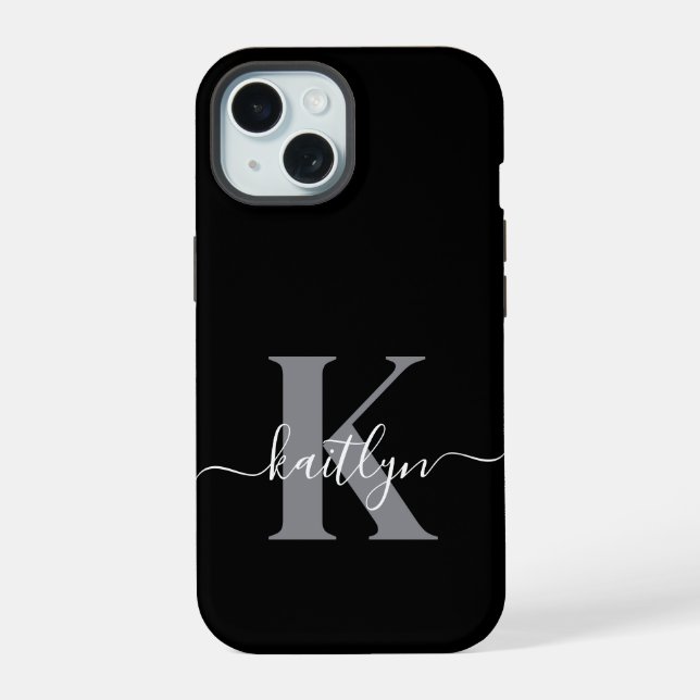 Modern Black Grey Script Monogram iPhone 15 Case (Back)