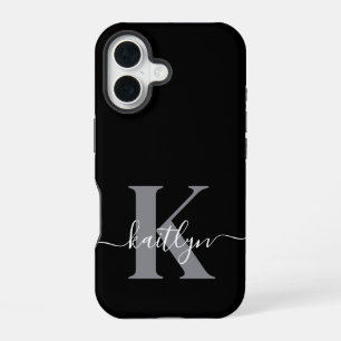 Modern Black Grey Script Monogram iPhone 16 Case