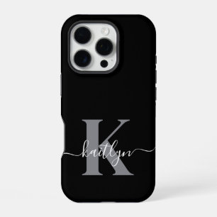 Modern Black Grey Script Monogram iPhone 16 Pro Case