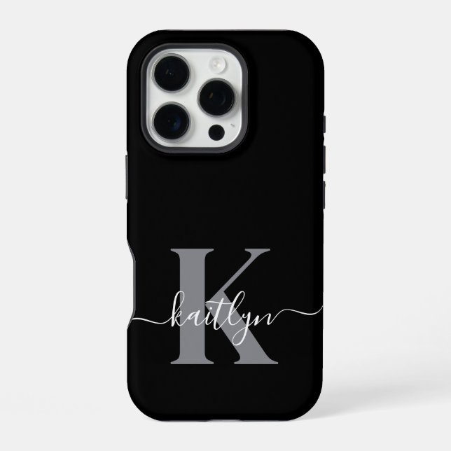 Modern Black Grey Script Monogram iPhone Case (Back)