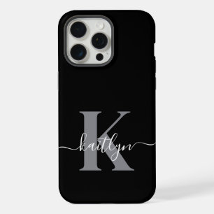 Modern Black Grey Script Monogram iPhone 15 Pro Max Case