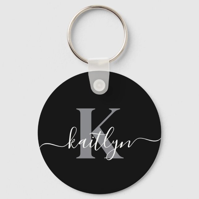Modern Black Grey Script Monogram Key Ring (Front)