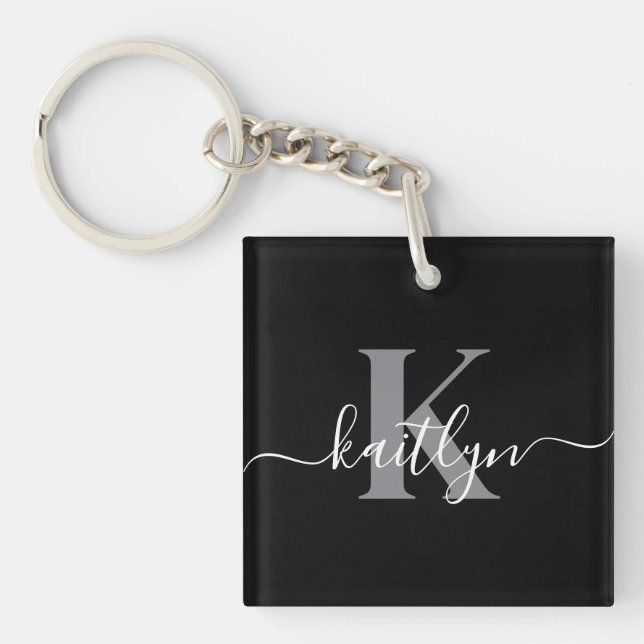 Modern Black Grey Script Monogram Key Ring (Front)