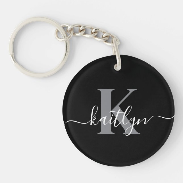 Modern Black Grey Script Monogram Key Ring (Front)