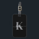 Modern Black Grey Script Monogram Luggage Tag<br><div class="desc">This simple, elegant black luggage tag with your first name in a trendy script font in white typed over your first initial in a modern cap font in grey on one side and a slide in card for your name, address and phone number on the other would look fabulous on...</div>