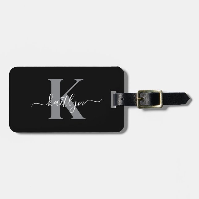 Modern Black Grey Script Monogram Luggage Tag (Front Horizontal)