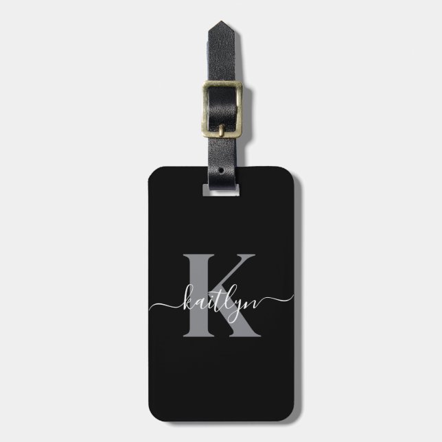 Modern Black Grey Script Monogram Luggage Tag (Front Vertical)