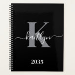 Modern Black Grey Script Monogram Planner<br><div class="desc">This simple, elegant black 8.5 x 11 soft planner with your first name in a trendy script font in white typed over your first initial in a modern cap font in grey is perfect for you. It's stylish and trendy and yet very classic. It will make keeping appointments, meetings, deadlines,...</div>