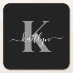 Modern Black Grey Script Monogram Square Paper Coaster<br><div class="desc">These simple, elegant black square paper coasters with your first name in a trendy script font in white typed over your first initial in a modern cap font in grey are perfect for keeping your tables and counters free from water rings. They absorb droplets so you don't have to worry...</div>
