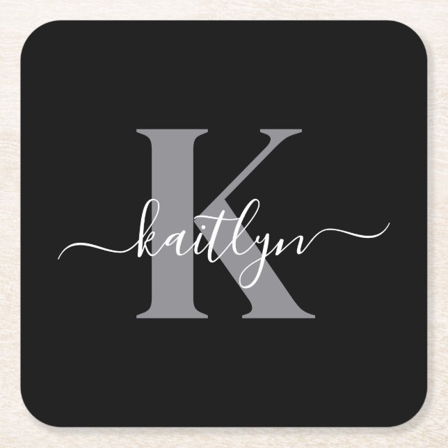 Modern Black Grey Script Monogram Square Paper Coaster (Front)