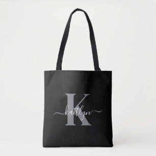 Modern Black Grey Script Monogram Tote Bag