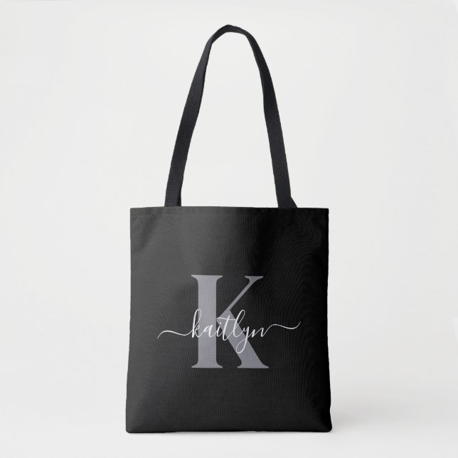 Modern Black Grey Script Monogram Tote Bag (Front)
