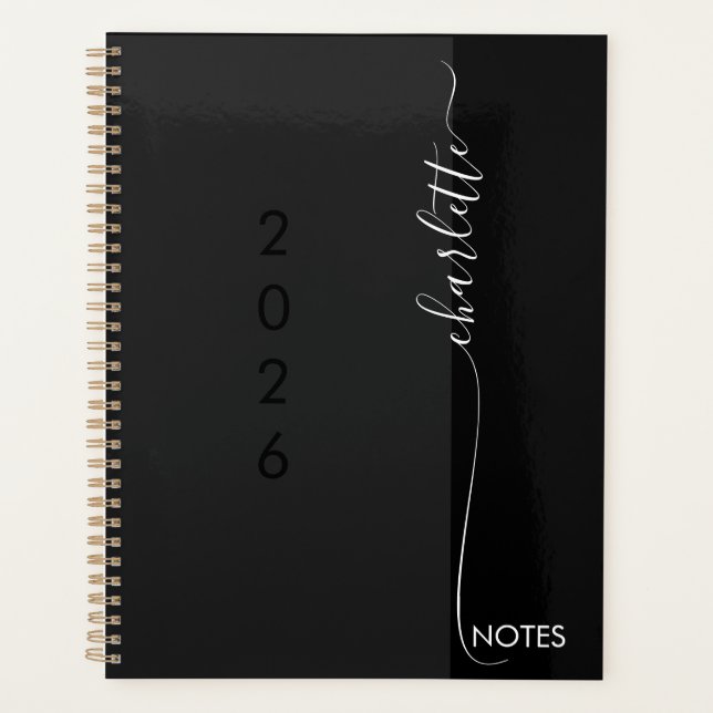 Modern Black Grey Scripted Name Yearly Planner (Front)