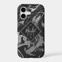 Modern Black Grey Silver Glitter Marble