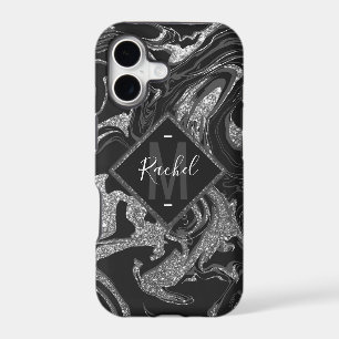 Modern Black Grey Silver Glitter Marble