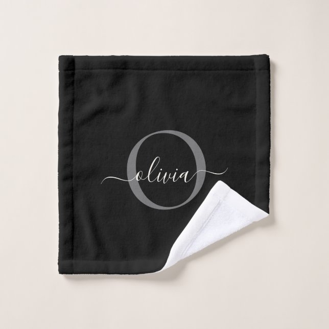 Modern Black Grey Silver Monogram Script Name Bath Towel Set (Wash Cloth)