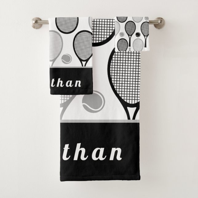 Modern Black & Grey Tennis Player Coach Name Sport Bath Towel Set (Insitu)