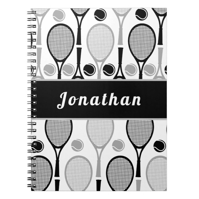 Modern Black & Grey Tennis Player Coach Name Sport Notebook (Front)