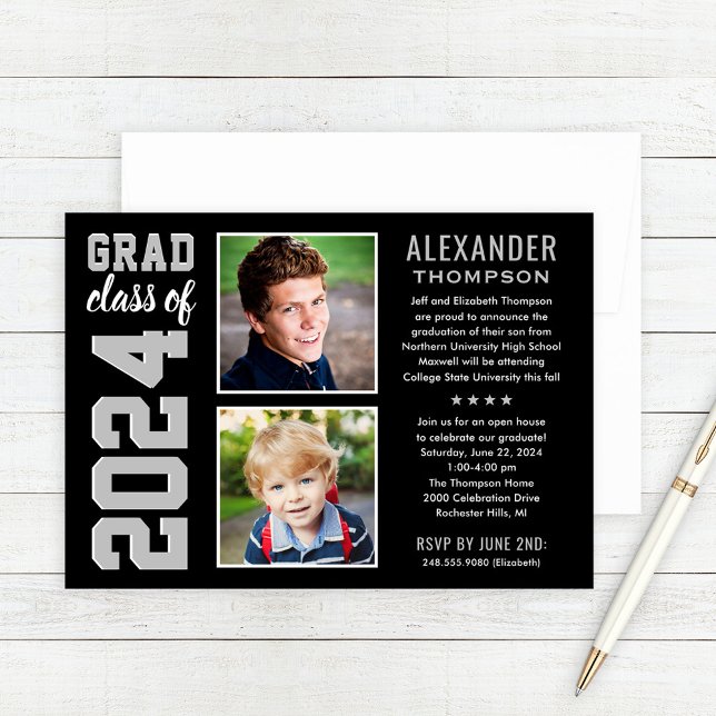 Modern Black Grey Two Photo Graduation Party Invitation (Creator Uploaded)
