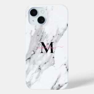 Modern black grey white marble pattern monogram iPhone 15 case
