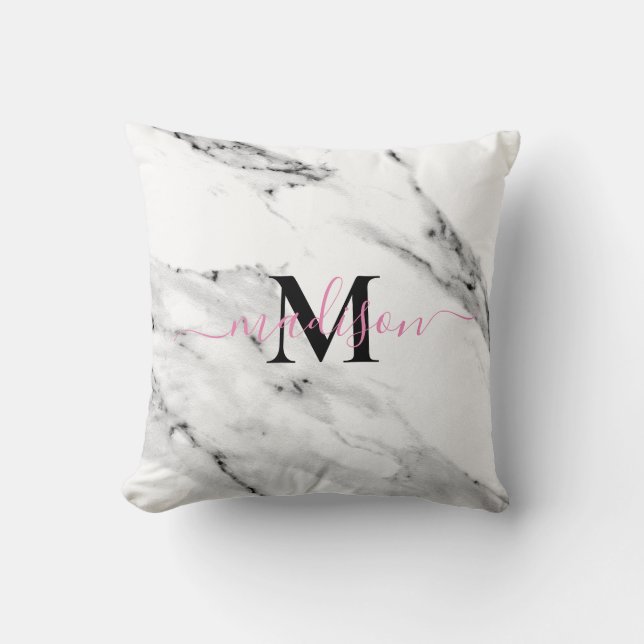 Modern black grey white marble pattern monogram cushion (Front)