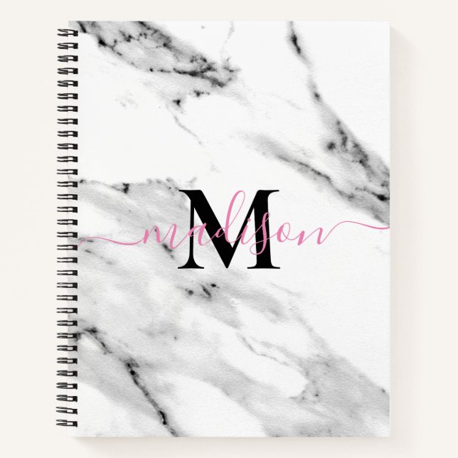 Modern black grey white marble pattern monogram notebook (Front)