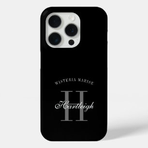 Modern Black Grey White Monogram Name iPhone 15 Pro Case