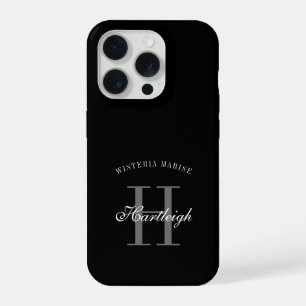 Modern Black Grey White Monogram Name iPhone 15 Pro Case
