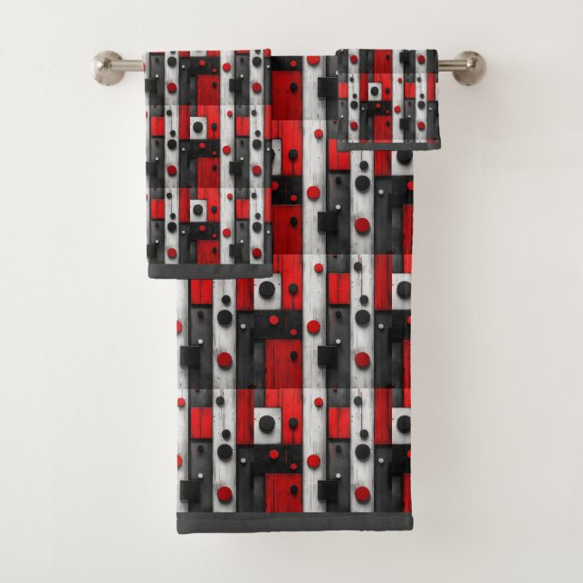 Modern Black Grey White Red Geometric Pattern Bath Towel Set (Insitu)