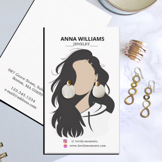 Modern Black Hair Girl Earring Display  Business Card (#zazzlecard #WomanArt #womanface #earringholder #earring #businesscard #hairstyle #artist #makeup )