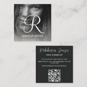 Modern black hair makeup photo initial qr code  square business card