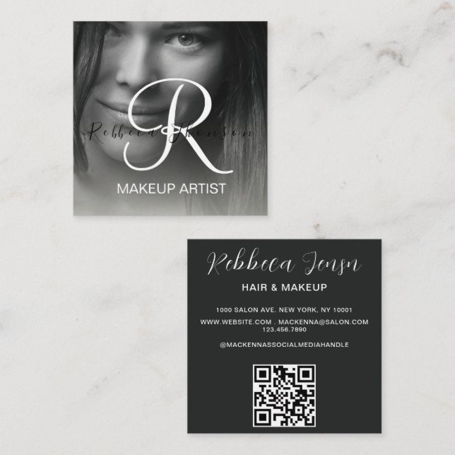 Modern black hair makeup photo initial qr code  square business card (Front/Back)