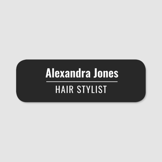 Modern Black Hair Stylist Name Tag (Front)