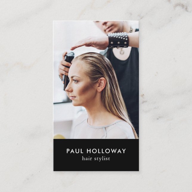 Modern black hair stylist photo elegant simple business card (Front)